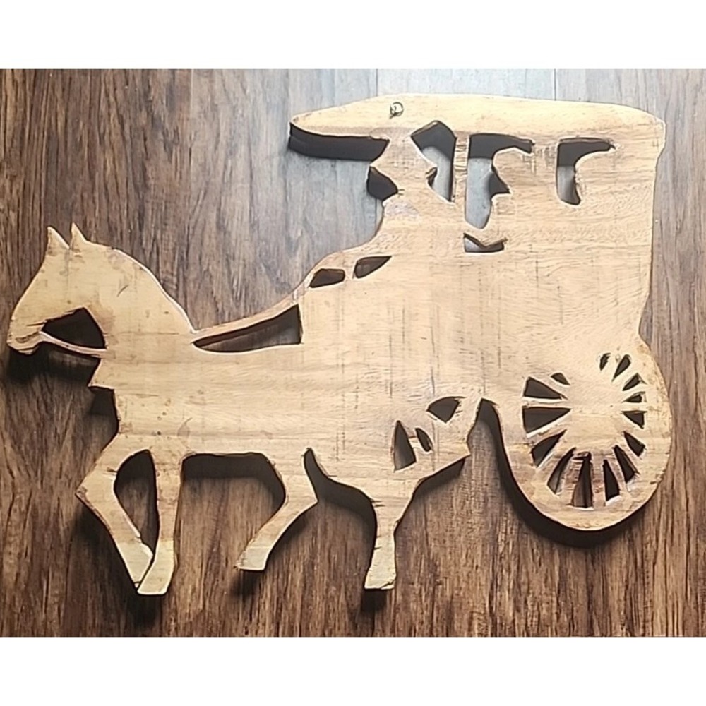 Carved Solid Wood Horse & Carriage Wall Mounted Sculpture - Picture 2 of 8